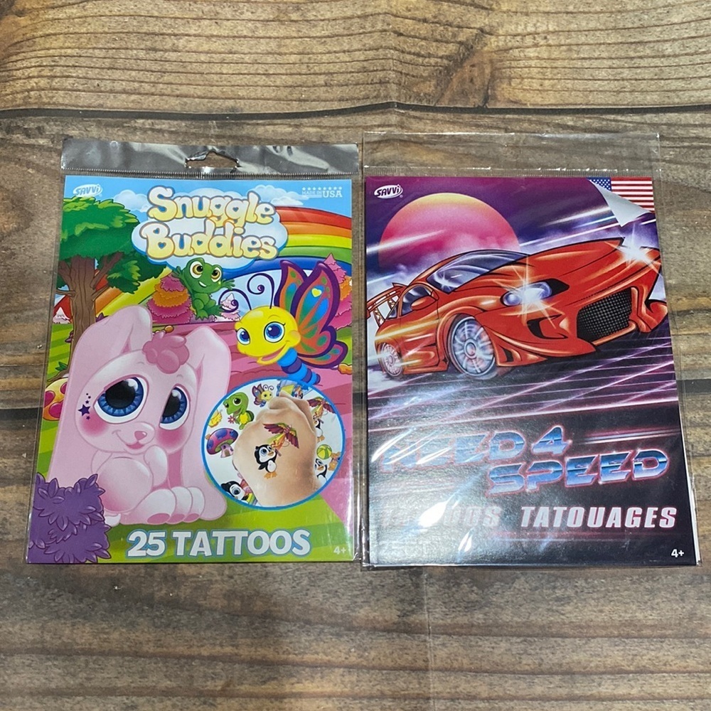 Temporary Tattoos for kids 2 pack Snuggle Buddies Animal and Need For Speed Cars